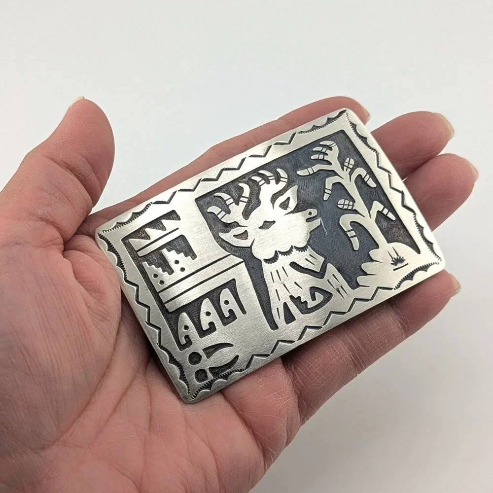 Native American Sterling Silver Belt Buckle Overlay Design Collectible Jewelry**